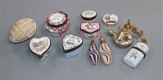 Seven enamelled boxes, two cases, scents etc